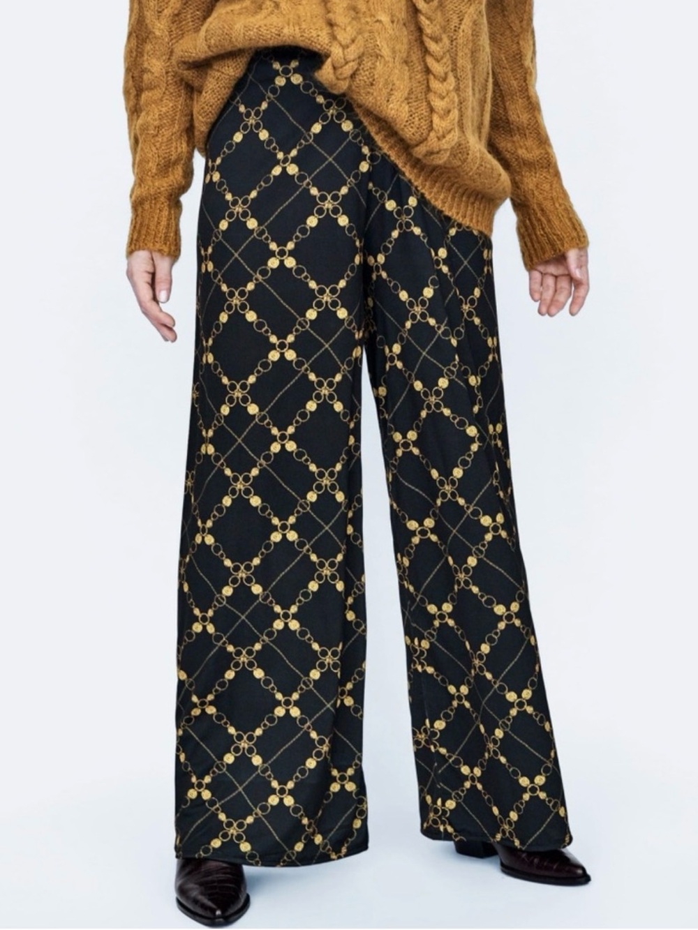 Zara Black Wide-Leg Pants with Gold Chain Lattice Heraldic XL